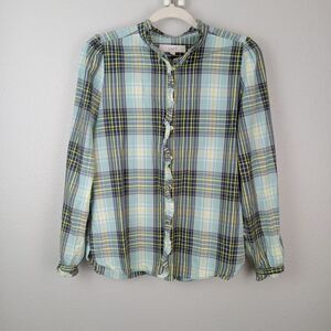 Loft blue plaid button front shirt ruffle band collar women's Small